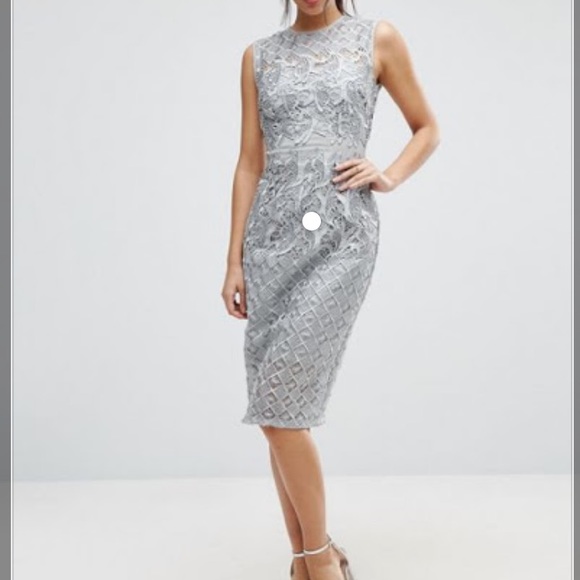 Little Mistress ASOS Waterlily Crochet Silver Gray Lace Midi Dress Illusion - Picture 5 of 16